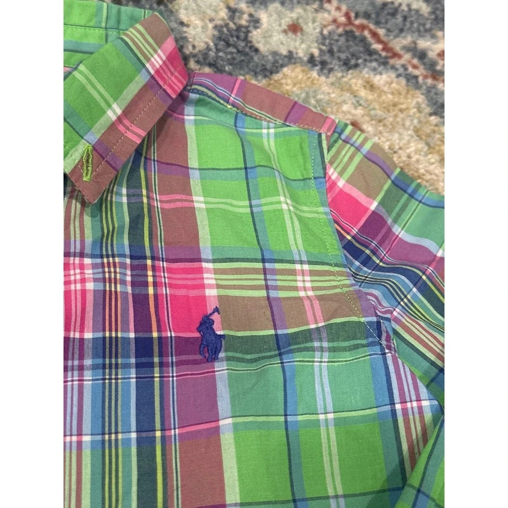 Ralph Lauren Button Down Kids 24M Green Pink Madras Plaid EUC‎